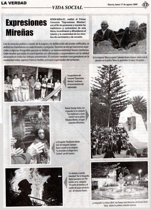 Diario La Verdad de la ciudad de Ibarra reporta la premiación del Concurso "Expresiones Mireñas"
