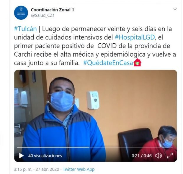 ALTA MEDICA AL PACIENTE MIREÑO, PRIMER CASO COVID19 CONFIRMADO DEL CARCHI